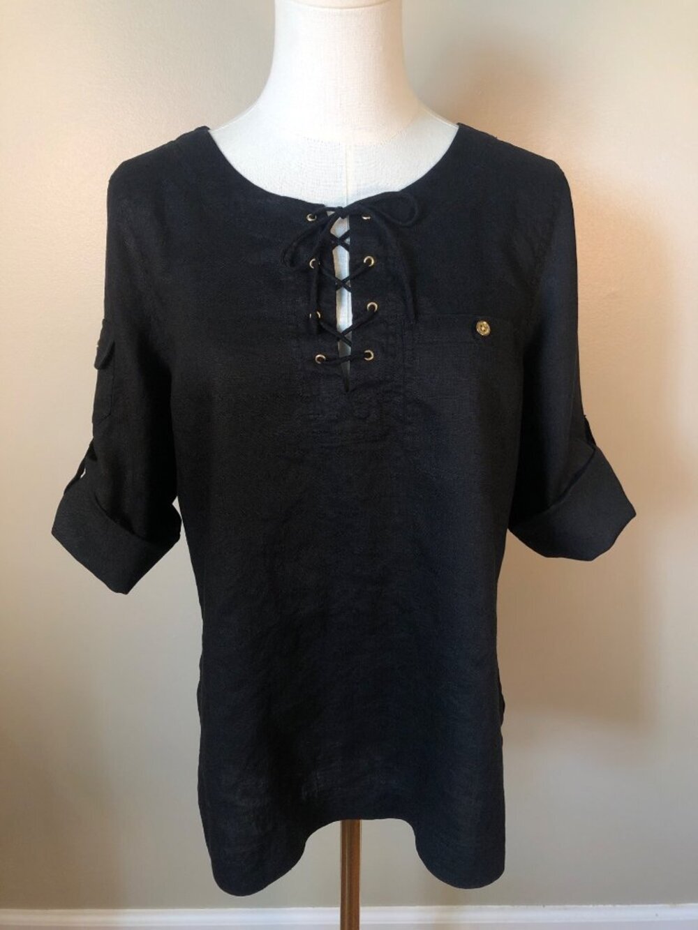 Lauren Ralph Lauren 100% Linen Black Pullover Lace Up Top Minimalist Luxury Sz M
